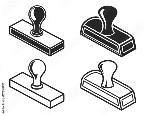 Collection of stylized black and white rubber stamps illustrating different angles and forms.