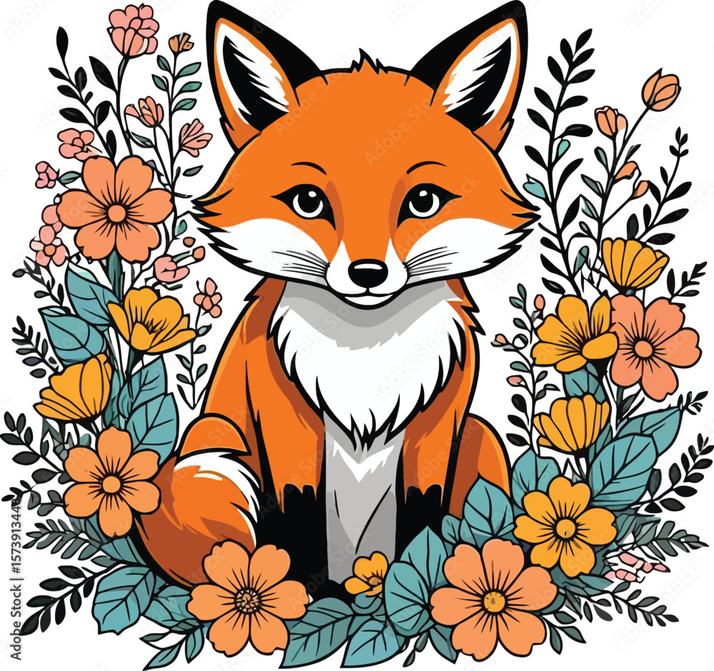 Obraz premium Aesthetic Floral Fox Graphic Vector Art