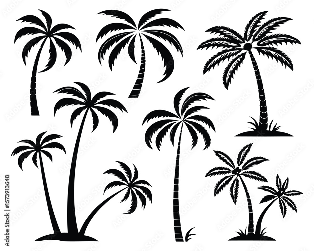 Fototapeta premium Collection of black palm tree silhouettes against a white background illustrating tropical designs and nature concepts.