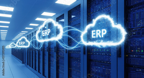 A digital illustration of cloud computing, ERP integration, and data servers. . cloud ERP.