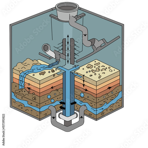 Vertical cross-section of septic system and soil filtration process