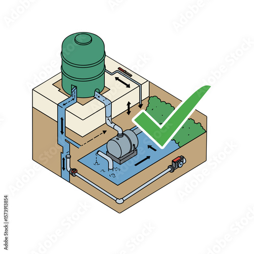 Modern Septic Station Flow Diagram with Green Checkmark – Isometric View