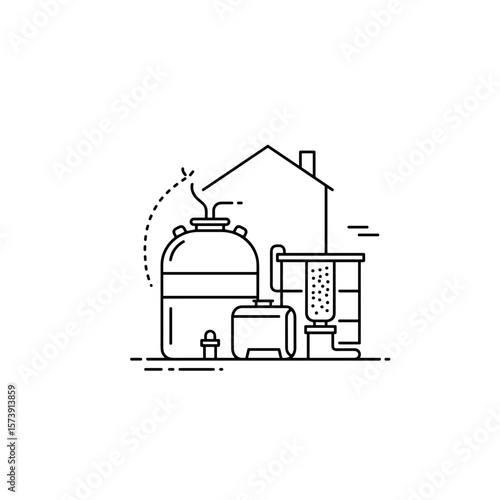 Residential septic infrastructure scheme. Underground septic tank and home plumbing system