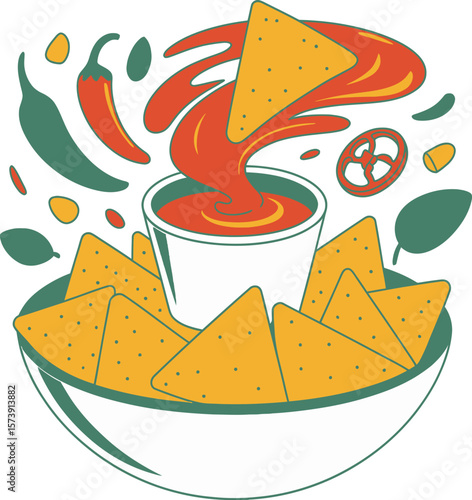 A stylized illustration of nachos with Sauce Splash creative isometric illustration with layered dimension and depth cues.