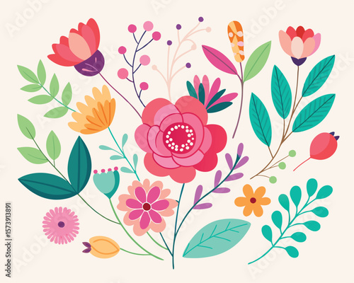 Vibrant floral arrangement featuring illustrated flowers and leaves on a creamy background for designs.