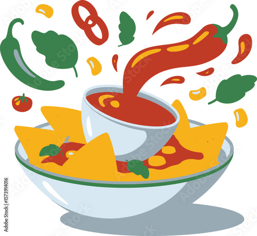A stylized illustration of nachos with Sauce Splash creative isometric illustration with layered dimension and depth cues.