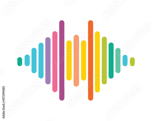 Abstract colorful sound wave illustration with geometric design in vibrant rainbow colors on white background.