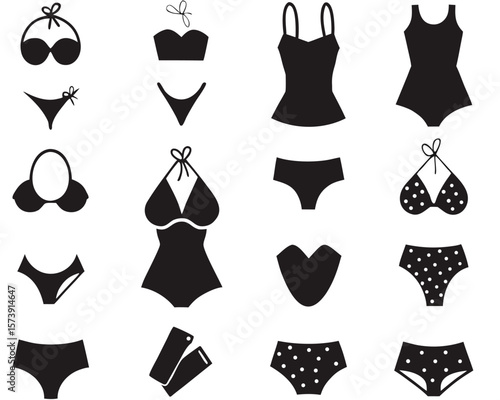 Vector illustration of diverse swimwear silhouettes for woman summer fashion and beachwear designs.