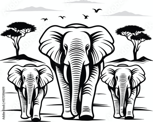 Silhouette illustration depicting three elephants walking across african savannah landscape.