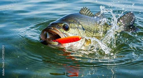 Powerful largemouth bass fiercely strikes an orange lure, creating a splash in sunlit water.