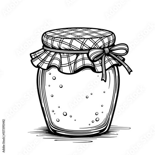 Hand-drawn jam jar with gingham lid, children's coloring book design