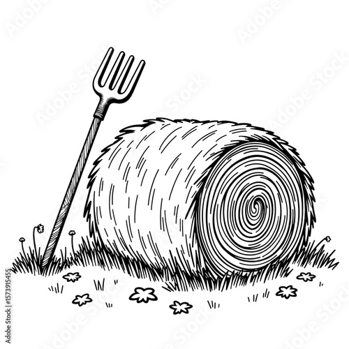 Hand-drawn hay bale and pitchfork on grass, kids coloring book design