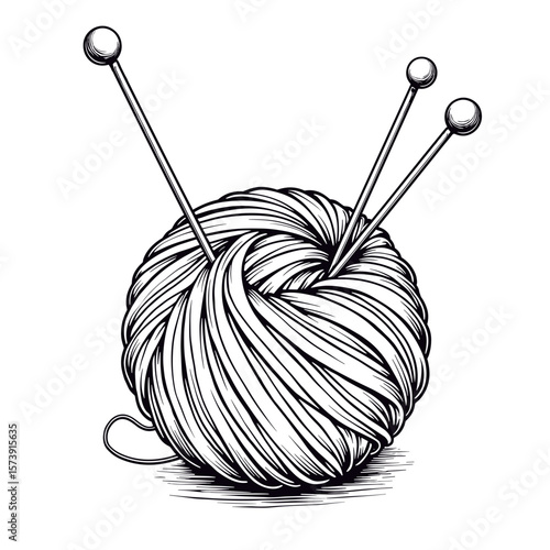 Knitting needles in yarn ball, black and white coloring page for kids