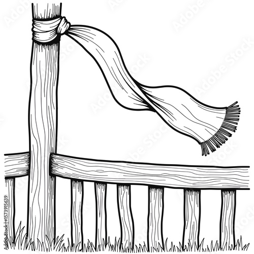 Scarf gently blowing on porch railing, cute coloring book page for kids