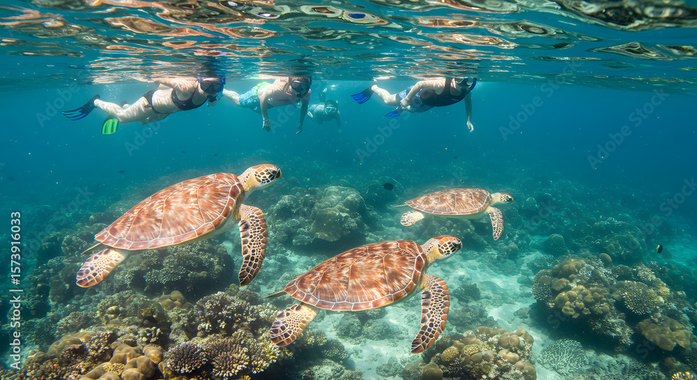 Fototapeta premium Snorkeling with Green Sea Turtles Over Coral Reef