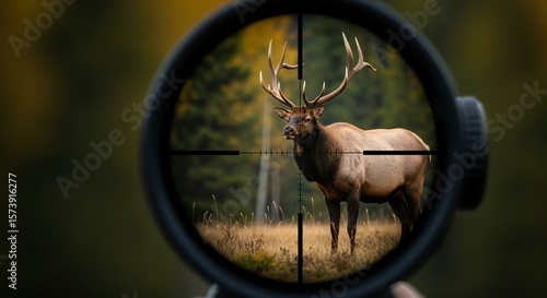 An elk is viewed through the crosshairs of a telescopic sight in a grassy clearing outdoors.
