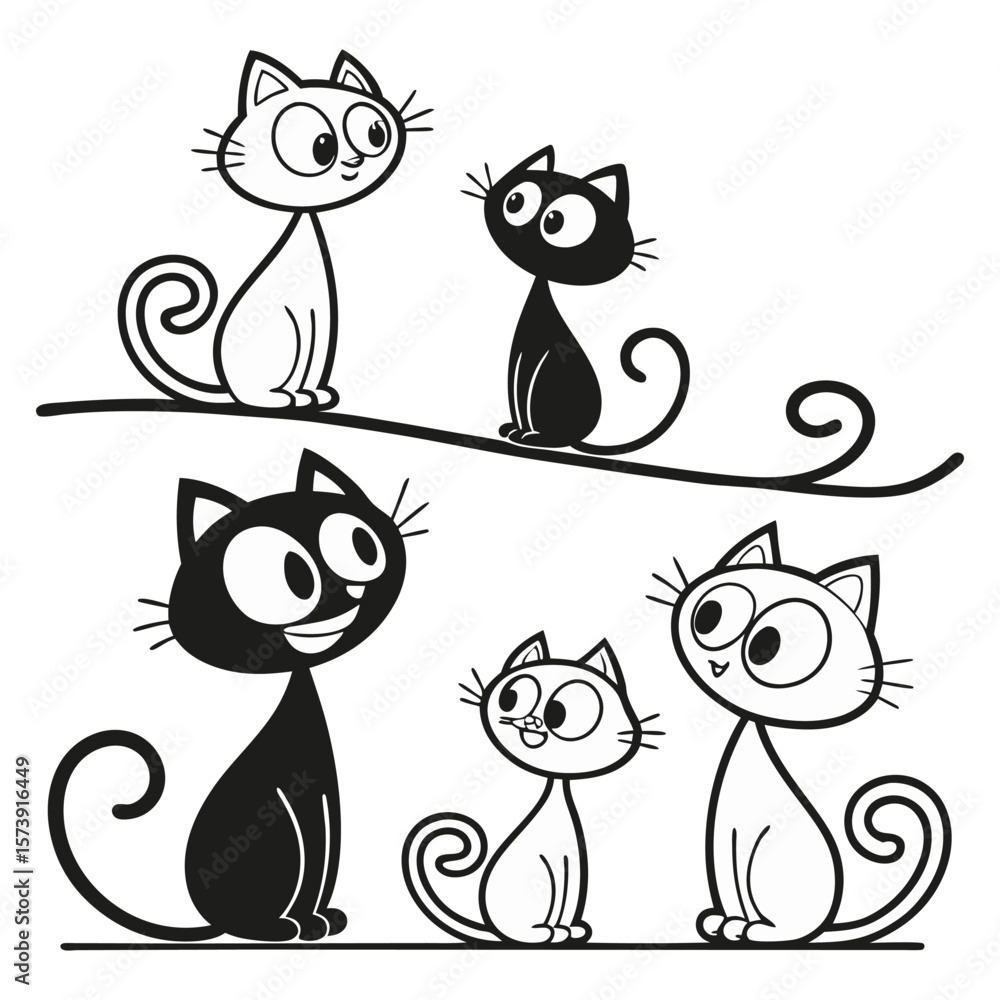 Fototapeta premium Set of Cute Black and White Cartoon Cats Vector