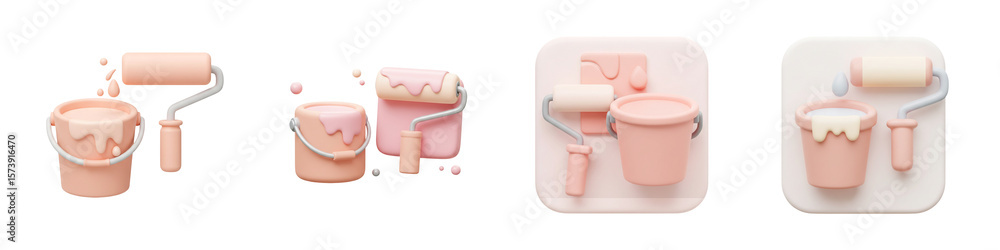 Obraz premium 3D Paint Roller & Bucket Icon – Pastel Drip Style – Transparent PNG Set