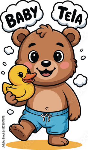 Cute cartoon baby bear holding a yellow rubber ducky wearing blue swim shorts