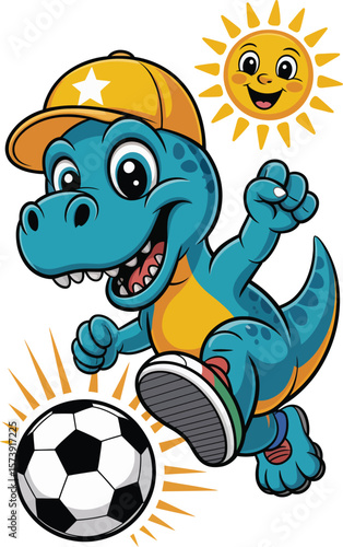 Happy cartoon dinosaur wearing a baseball cap playing soccer under the sun