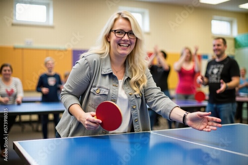 A plus-size white woman is playing table tennis in a bright community center with colorful walls and cheering people. The mood is joyful and lively