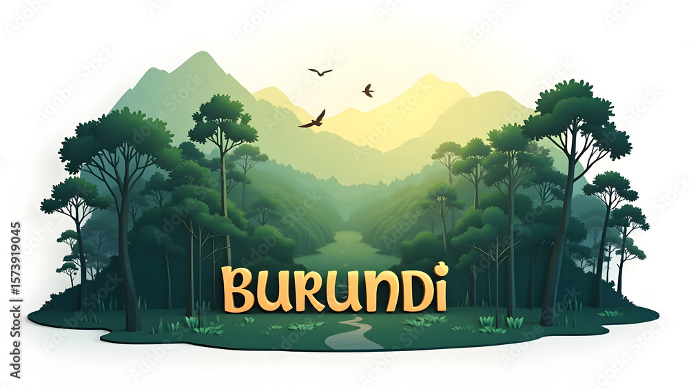 Fototapeta premium 3d illustration of Kibira National Park with misty forest hills and the word 'Burundi' beneath. Nature-focused, calm and immersive vacation vibe.