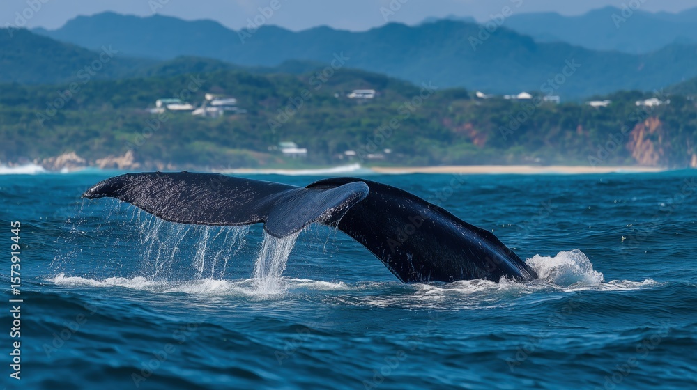 Fototapeta premium Whale tail emerging from ocean with mountains in the background.