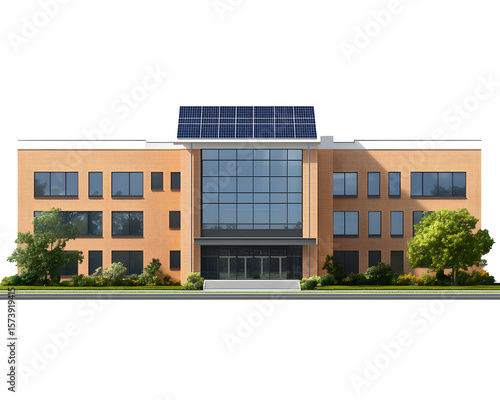 realistic school building mockup, front view with solar panels, isolated on transparent background