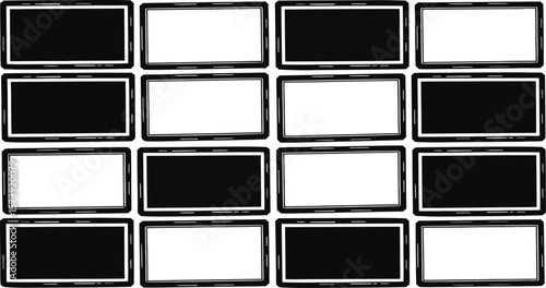 A grid of sixteen rectangular screens alternating between black and white on a neutral background
