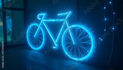 Glowing Blue Bicycle Neon Sign Leaning on Dark Wall with String Lights