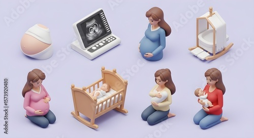 Pregnancy and Motherhood Stages 3d Icon Set on Lavender Background