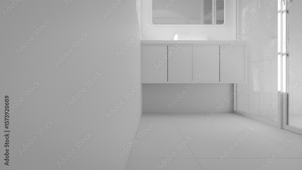 Fototapeta premium Minimalist bathroom interior 3D render featuring modern vanity, wall mirror, rainfall shower, and soft natural lighting through window. Concrete and wood textures enhance warmth and elegance.