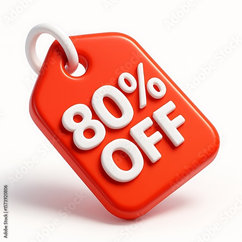 A red 80 off tag is isolated on a white background