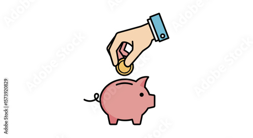 Hand putting coin into piggy bank isolated on transparent background  