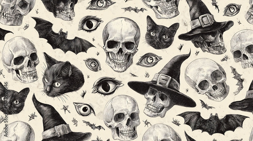 Black and White vintage style Halloween pattern with skulls black cats bats witch hats and eyes in hand-drawn monochrome illustration