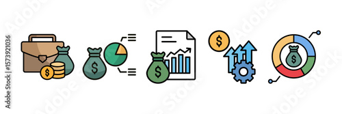 Asset Management Icon Set Multiple Style Collection, Containing design Investment Portfolio, Budget Allocation, Financial Data, Budget Allocation, Financial Improvement