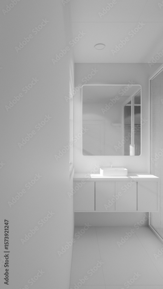 Fototapeta premium Minimalist bathroom interior 3D render featuring modern vanity, wall mirror, rainfall shower, and soft natural lighting through window. Concrete and wood textures enhance warmth and elegance.