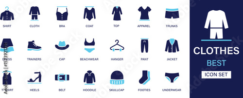 Clothes icon set collection. Shirt, bra, coat, pajama, apparel, trunks, dress, trainers, cap, beachwear, hanger, pant, jacket and best solid icon set.