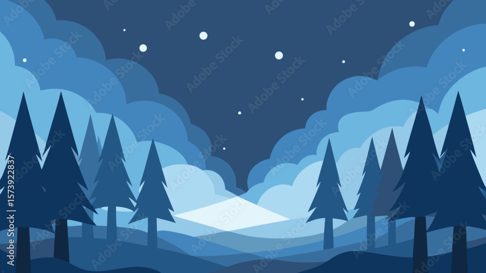 Fototapeta premium Winter Christmas landscape vector illustration with snow-covered mountains, pine trees, and a starry night sky