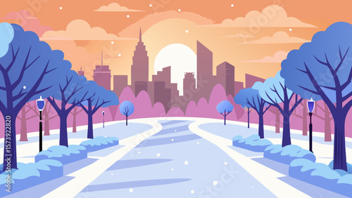 A beautiful urban winter landscape with snow-covered buildings and a serene city skyline at sunset