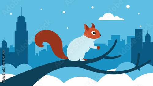 Funny winter cartoon illustration of a squirrel on a snowy tree with a blue bird