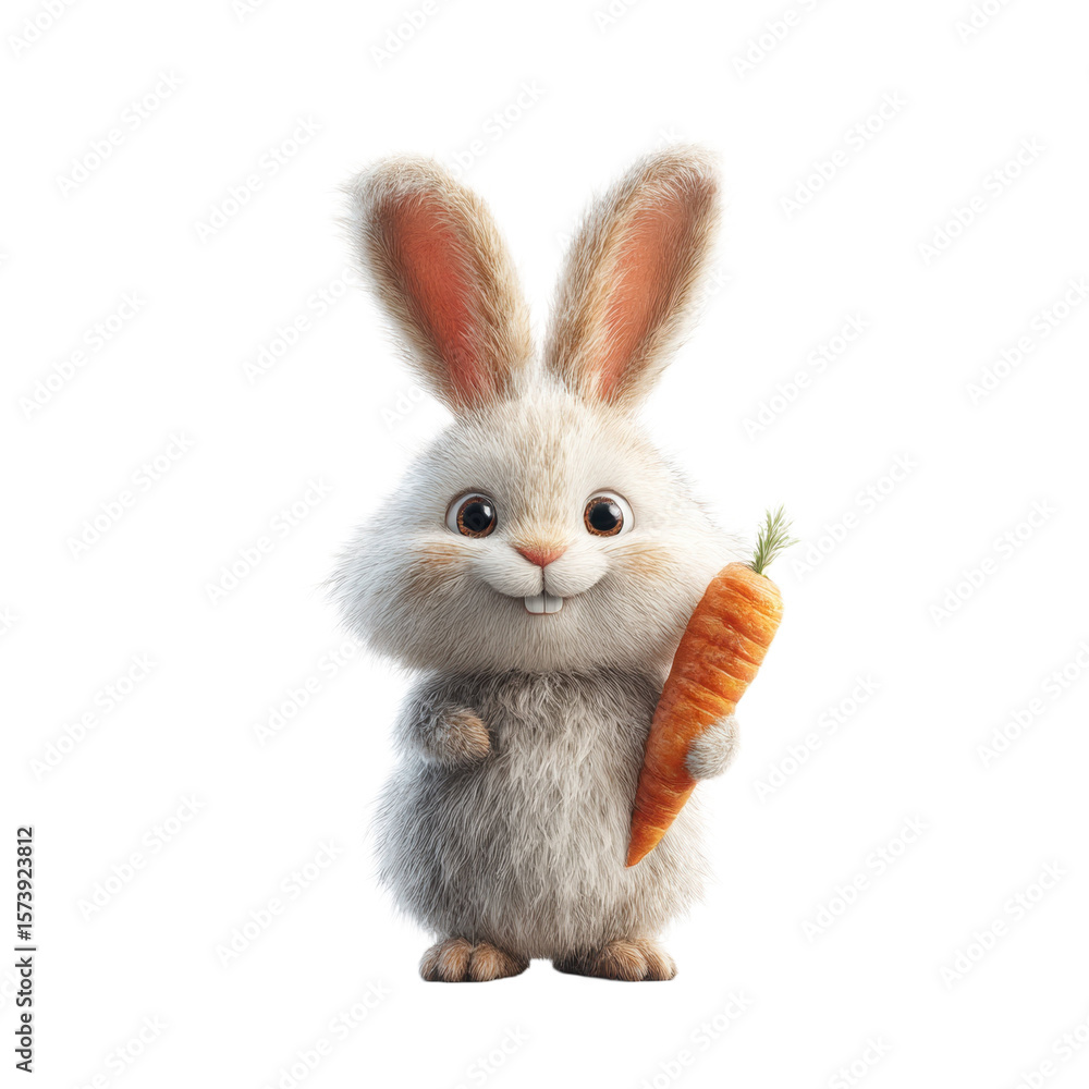 Obraz premium Playful Cartoon Bunny with Big Ears Holds Carrot in Vibrant Nature Scene High Fidelity Animation Perspective