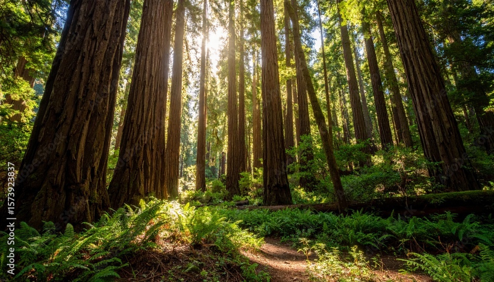 Fototapeta premium Sunlit majestic Redwood forest view