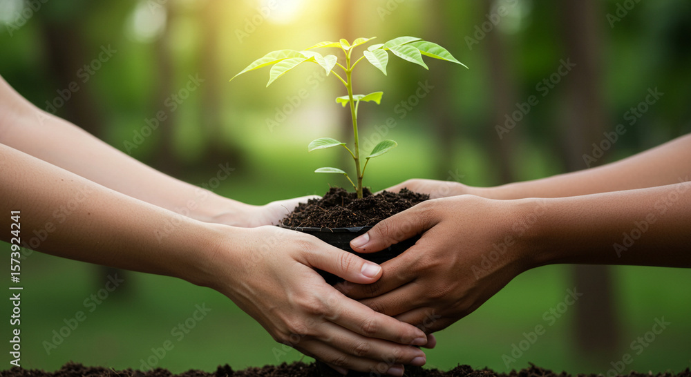 Fototapeta premium Hands holding a small tree in soil Generative AI