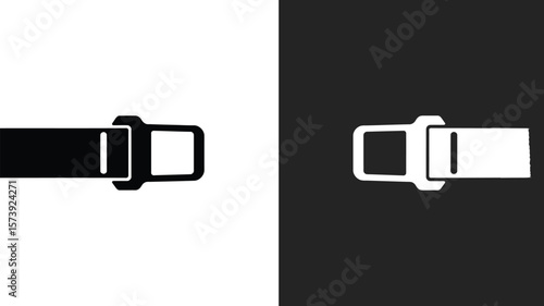 A graphic illustration of a seatbelt buckle in black and white on a split background design style