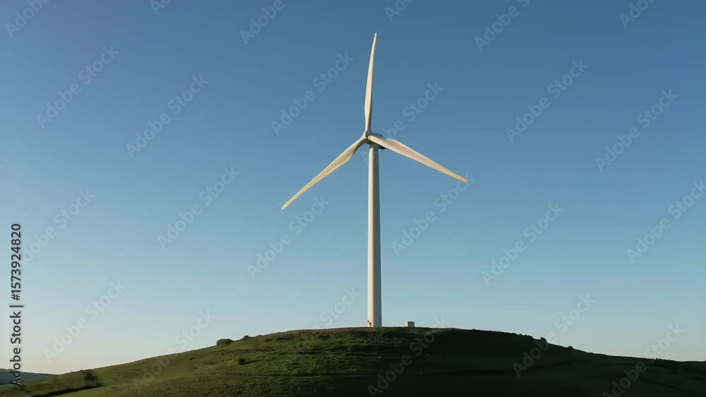 Solitary turbine on grassy knoll, bathed in gentle sunlight against clear sky Solitary turbine on grassy knoll, bathed in gentle sunlight against clear sky