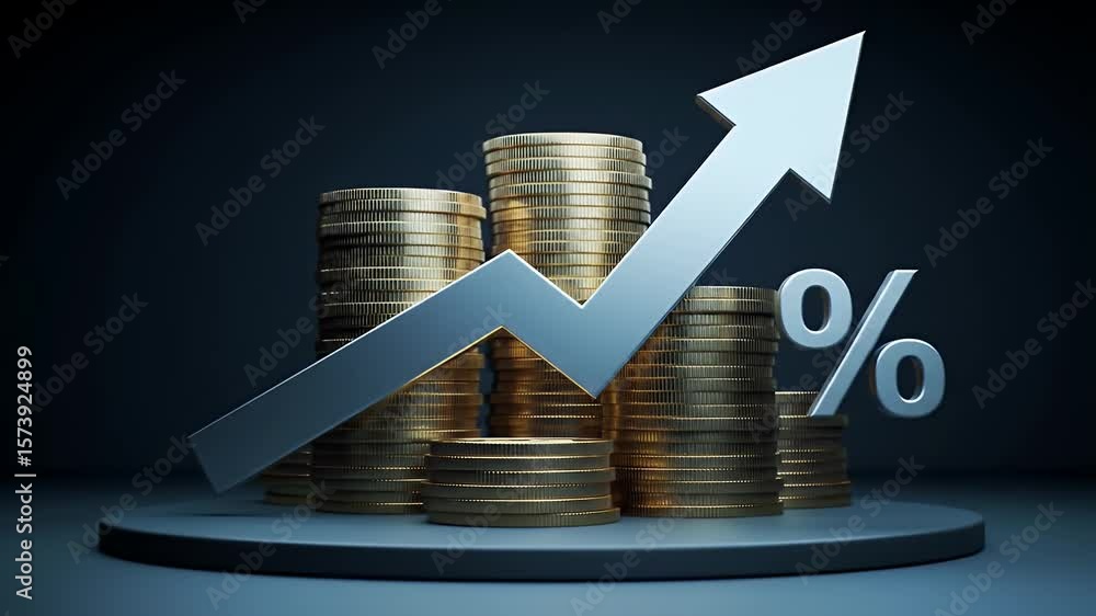 Stacks of Gold Coins with Upward Arrow and Percentage Sign on Blue Background