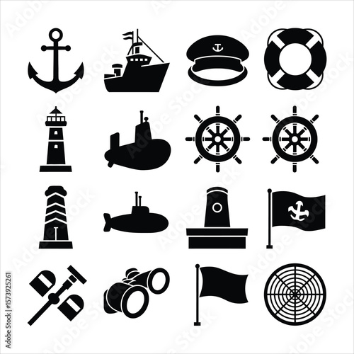 Nautical symbols anchor ship captain hat lifebuoy lighthouse submarine ship wheel flag binoculars vector