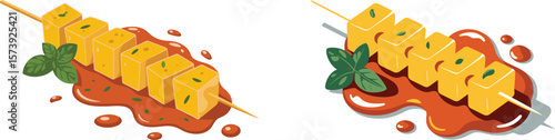 Chicken Satay with Sauce Splash creative isometric illustration with layered dimension and depth cues.