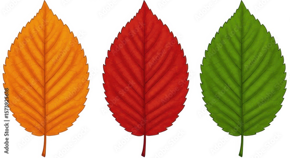 Obraz premium Three colorful autumn leaves in orange red and green on white background
